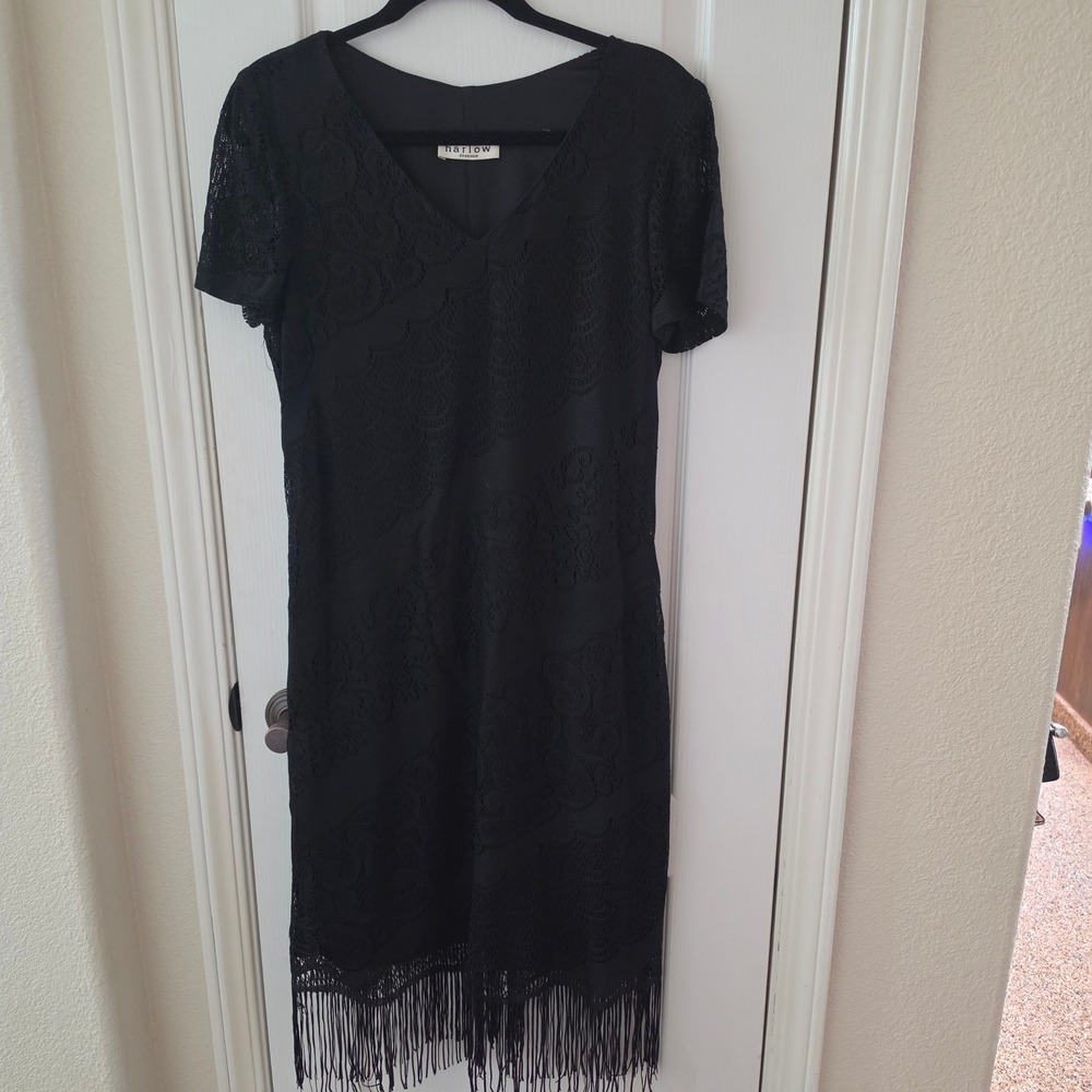 Harlow Dresses Black Lace Fringe Hem V-Neck Sheath Dress Short Sleeve